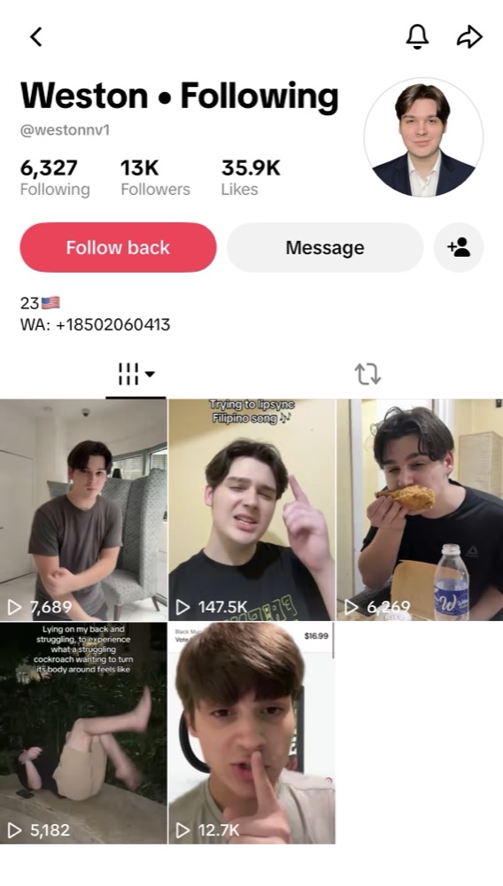 @westonnv1 TikTok account for sale, 13K followers and 35.9K likes