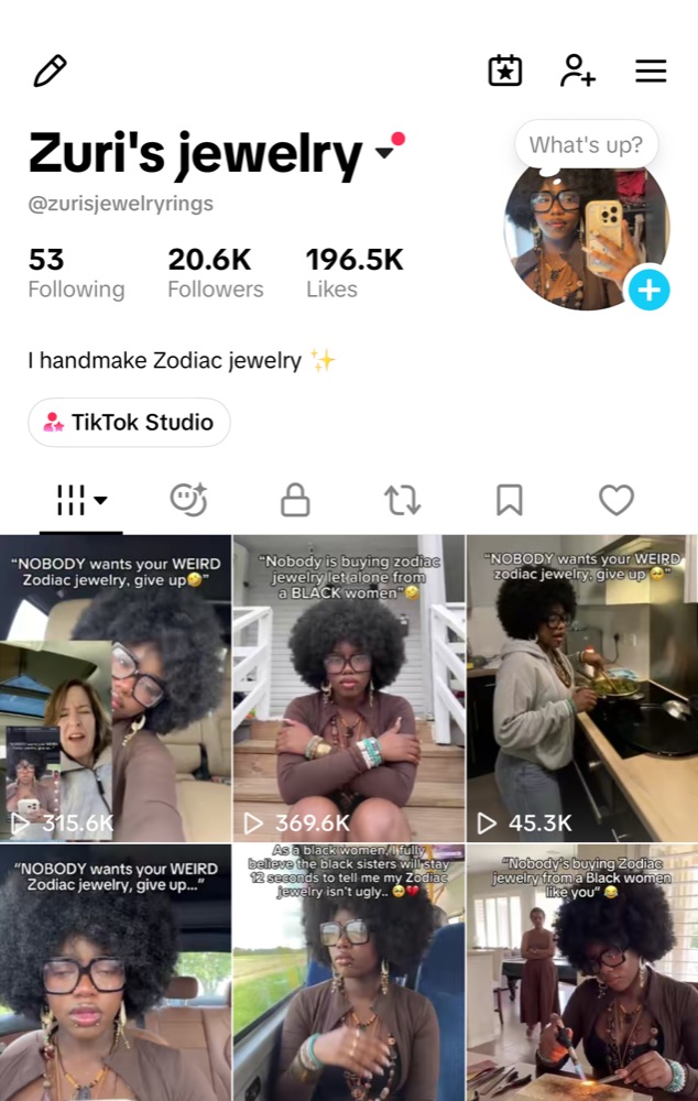 @zurisjewelryrings TikTok account for sale, 20.6K followers and 196.5K likes