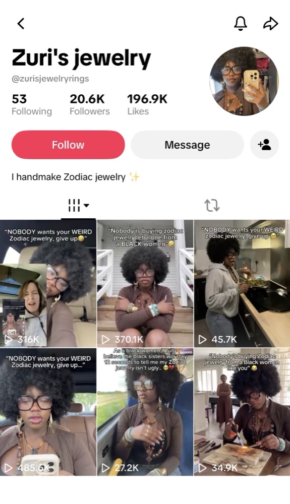 @zurisjewelryrings TikTok account for sale, 20.6K followers and 196.5K likes